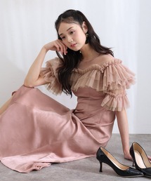 ミモレ丈&袖あり フォーマル ヴィンテージ風サテン背面ゴムクラシカルラメドットセレモニー 結婚式 二次会 パーティー ドレス オケージョンドレス お呼ばれ 同窓会 成人式 
