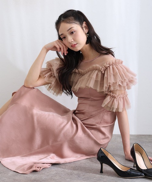 PourVous(プールヴー)の「ミモレ丈&袖あり フォーマル ヴィンテージ風サテン背面ゴムクラシカルラメドットセレモニー 結婚式 二次会 パーティー ドレス オケージョンドレス お呼ばれ 同窓会 成人式 (ドレス・レディース・ピンク/ブルーグレー/ブラック系その他・L/M)」の3枚目の写真