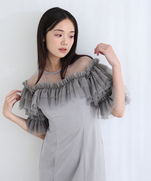 PourVous(プールヴー)の「ミモレ丈&袖あり フォーマル ヴィンテージ風サテン背面ゴムクラシカルラメドットセレモニー 結婚式 二次会 パーティー ドレス オケージョンドレス お呼ばれ 同窓会 成人式 (ドレス・レディース・ピンク/ブルーグレー/ブラック系その他・L/M)」の2枚目の写真