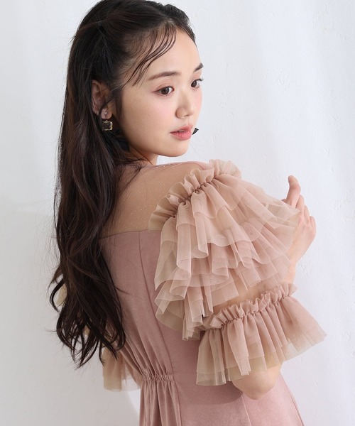 PourVous(プールヴー)の「ミモレ丈&袖あり フォーマル ヴィンテージ風サテン背面ゴムクラシカルラメドットセレモニー 結婚式 二次会 パーティー ドレス オケージョンドレス お呼ばれ 同窓会 成人式 (ドレス・レディース・ピンク/ブルーグレー/ブラック系その他・L/M)」の15枚目の写真