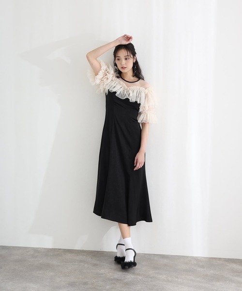 PourVous(プールヴー)の「ミモレ丈&袖あり フォーマル ヴィンテージ風サテン背面ゴムクラシカルラメドットセレモニー 結婚式 二次会 パーティー ドレス オケージョンドレス お呼ばれ 同窓会 成人式 (ドレス・レディース・ピンク/ブルーグレー/ブラック系その他・L/M)」の9枚目の写真