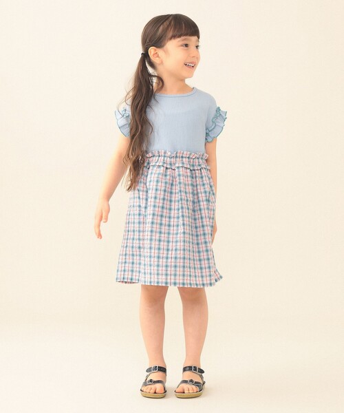 BEAMS mini(ビームスミニ)の「ワッフル 切り替え ワンピース 2026SS(90~140cm)保育園 通学 定番 プチプラ キッズ(ワンピース・キッズ・オレンジ/サックスブルー・120/110/100/90/140/130)」の1枚目の写真