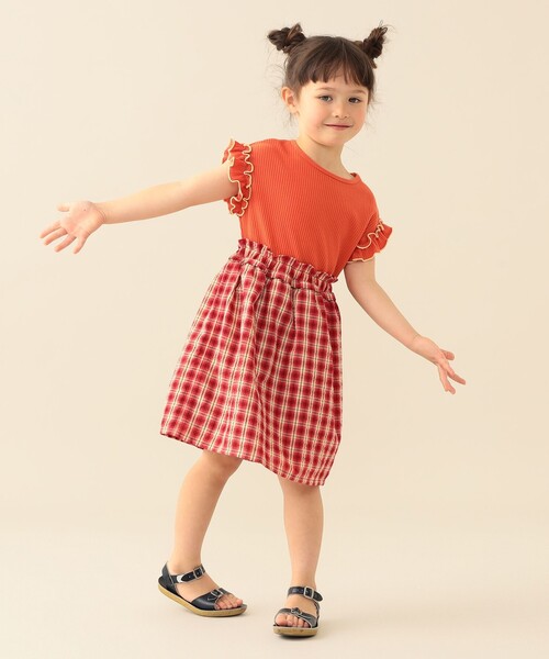 BEAMS mini(ビームスミニ)の「ワッフル 切り替え ワンピース 2026SS(90~140cm)保育園 通学 定番 プチプラ キッズ(ワンピース・キッズ・オレンジ/サックスブルー・120/110/100/90/140/130)」の2枚目の写真