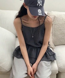 チェックフリル アウトキャミソール チュニック ティアード ペプラム風 バルーン キャミ レイヤード
