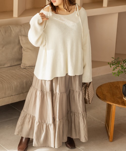 CLETTE(クレット)の「CLETTEオリジナルショルダーリボンルーズニット(ニット/セーター・レディース・ブルー/グレイッシュベージュ/アイボリー・3L/LL/4L)」の14枚目の写真