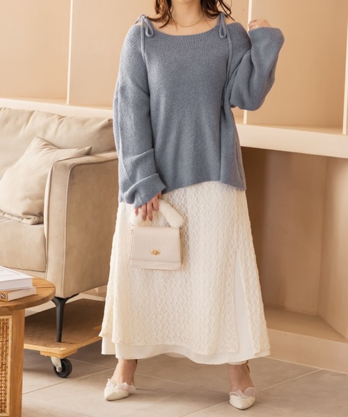 CLETTE(クレット)の「CLETTEオリジナルショルダーリボンルーズニット(ニット/セーター・レディース・ブルー/グレイッシュベージュ/アイボリー・3L/LL/4L)」の9枚目の写真