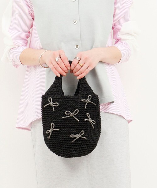 NOLLEY’S（ノーリーズ）の「ビジューリボンコード編みトートバッグ（トートバッグ・レディース・ブラック/ライトグレー・FREE）」の6枚目の写真