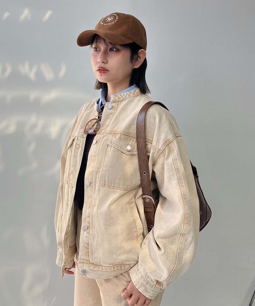 AS KNOW AS plus（アズノゥアズプラス）の「◯ノーカラーオーバーサイズデニムジャケット　セットアップ可能 【UNISEX ITEM】（デニムジャケット・レディース・ネイビー系/イエロー系/ブラック系・FREE）」の5枚目の写真