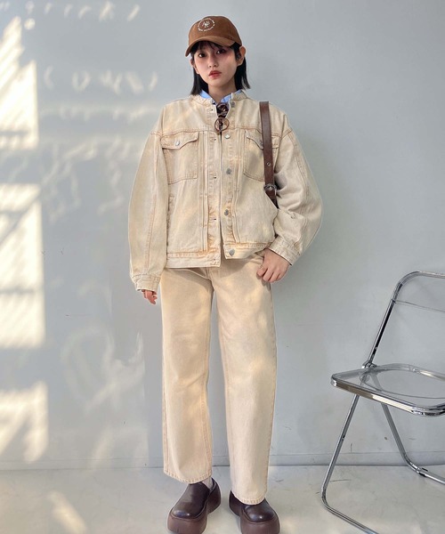 AS KNOW AS plus（アズノゥアズプラス）の「◯ノーカラーオーバーサイズデニムジャケット　セットアップ可能 【UNISEX ITEM】（デニムジャケット・レディース・ネイビー系/イエロー系/ブラック系・FREE）」の8枚目の写真