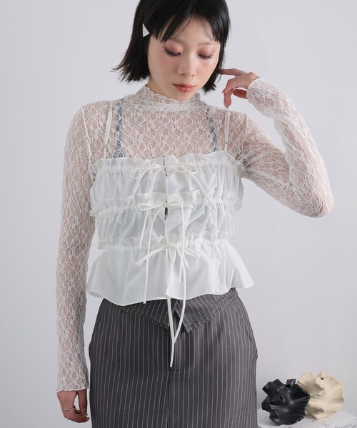 Ulysses(ユリシス)の「ストレッチレースボトルネックプルオーバー(Tシャツ/カットソー・レディース・ミント/アイボリー/ブラック・M)」の2枚目の写真