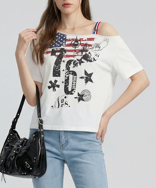 HOOK(フック)の「アメリカンフラッグプリント ワンショルダーTシャツ (SS)(Tシャツ/カットソー・レディース・グレー/ホワイト・S/M)」の2枚目の写真