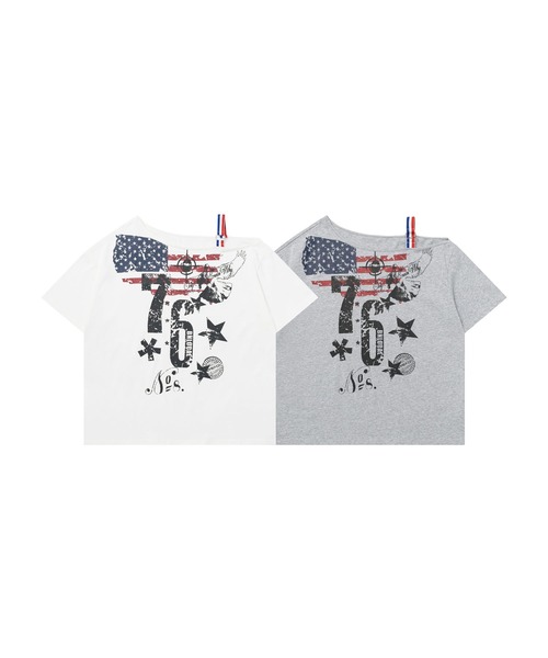 HOOK(フック)の「アメリカンフラッグプリント ワンショルダーTシャツ (SS)(Tシャツ/カットソー・レディース・グレー/ホワイト・S/M)」の3枚目の写真