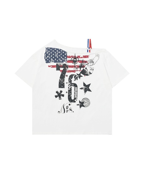 HOOK(フック)の「アメリカンフラッグプリント ワンショルダーTシャツ (SS)(Tシャツ/カットソー・レディース・グレー/ホワイト・S/M)」の5枚目の写真