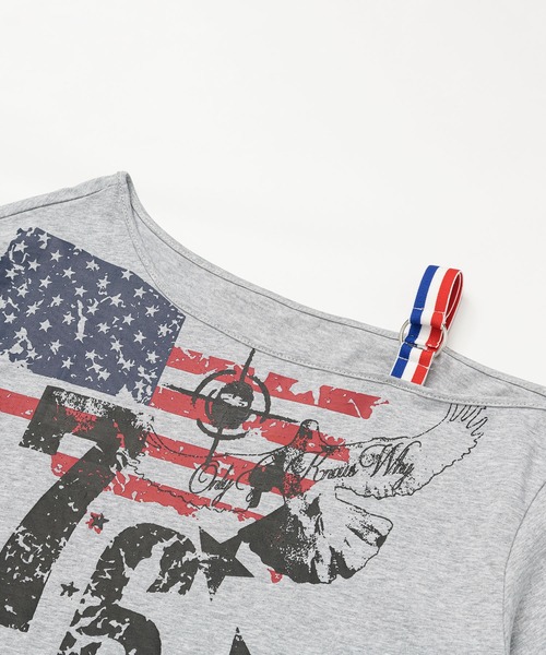 HOOK(フック)の「アメリカンフラッグプリント ワンショルダーTシャツ (SS)(Tシャツ/カットソー・レディース・グレー/ホワイト・S/M)」の9枚目の写真