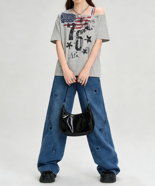 HOOK(フック)の「アメリカンフラッグプリント ワンショルダーTシャツ (SS)(Tシャツ/カットソー・レディース・グレー/ホワイト・S/M)」の22枚目の写真