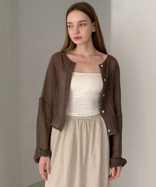 VASCARA(バスカラ)の「Sheer Linkle Round Linen Blouse (3colors)(シャツ/ブラウス・レディース・ブラック/ベージュ/ブラウン・FREE)」の5枚目の写真