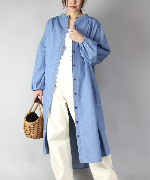 セール】コットンデニムロングシャツワンピース（シャツワンピース