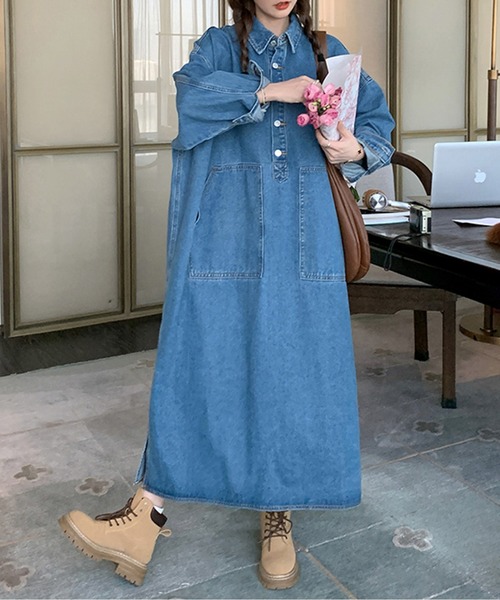 セール】フロントボタンデニムロングシャツワンピース（ワンピース