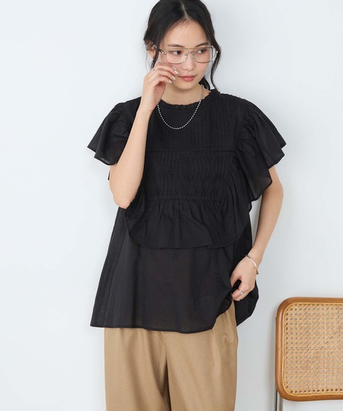 forksy.】インドコットン ラッフルフリル ピンタック シアーブラウス