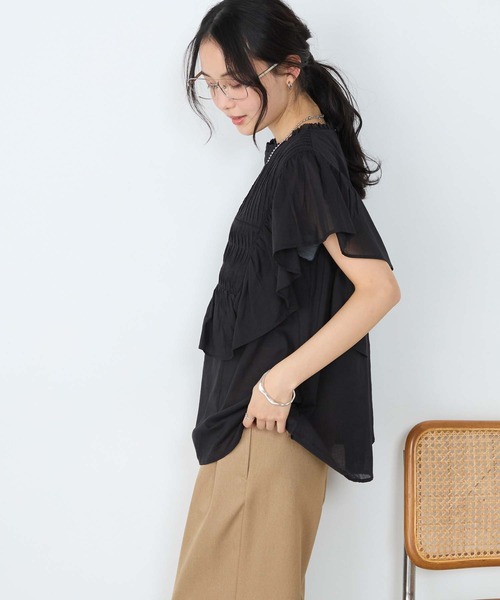 forksy.(フォルクシー)の「【forksy.】インドコットン ラッフルフリル ピンタック シアーブラウス(シャツ/ブラウス・レディース・ブルー系/グレイッシュベージュ/ライラック/ブラック/オフホワイト・FREE)」の10枚目の写真