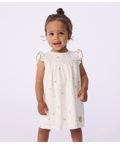 PETIT BATEAU(プチバトー)の「フラワープリントワンピース(ワンピース・キッズ・ホワイト×グリーン・12MONTH/36MONTH/24MONTH/18MONTH)」の1枚目の写真