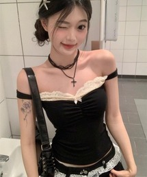 Y2K オフショルダーレース切り替えリブトップス