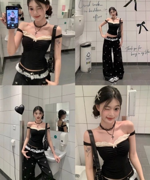 Ritzy(リッツィー)の「Y2K オフショルダーレース切り替えリブトップス(タンクトップ・レディース・ブラック・M/L/S)」の6枚目の写真