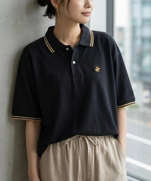 BEVERLY HILLS POLO CLUB(ビバリーヒルズポロクラブ)の「2026SS BEVERLY HILLS POLO CLUB/ビバリーヒルズポロクラブ オーバーサイズ ワンポイント刺繍 襟ライン ポロシャツ レディース メンズ(ポロシャツ・レディース・サックスブルー/オリーブ/グリーン/ホワイト/ブラック/ネイビー・M/LL/L)」の2枚目の写真