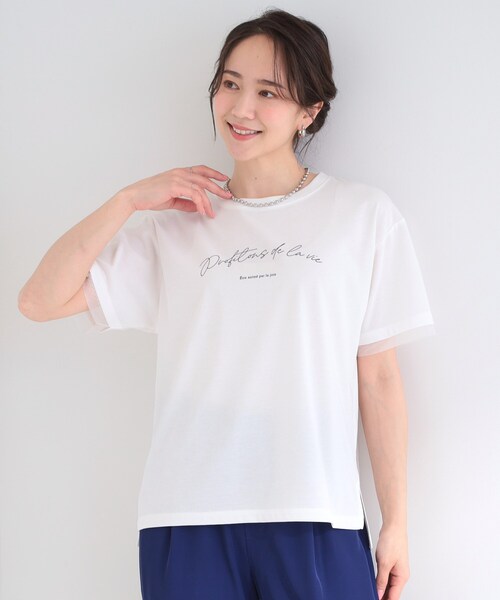 SHOO・LA・RUE(シューラルー)の「【ひんやり/S-LL/洗濯機可】色・柄選べる お袖チュールレイヤード プリントアソートTシャツ(Tシャツ/カットソー・レディース・ホワイト系3/チャコール/ホワイト系1/ベージュ系その他4/ブルー系6/ブラウン系3・04/03/02/01)」の9枚目の写真