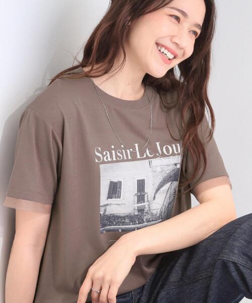 SHOO・LA・RUE(シューラルー)の「【ひんやり/S-LL/洗濯機可】色・柄選べる お袖チュールレイヤード プリントアソートTシャツ(Tシャツ/カットソー・レディース・ホワイト系3/チャコール/ホワイト系1/ベージュ系その他4/ブルー系6/ブラウン系3・04/03/02/01)」の7枚目の写真