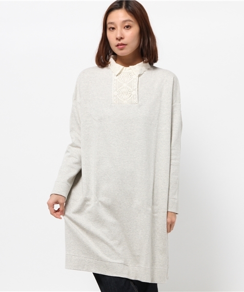 PUAL CE CIN（ピュアルセシン）の「襟レースチュニック（Tシャツ/カットソー・レディース・オートミール/ライトグレー/ネイビー・FREE）」の2枚目の写真