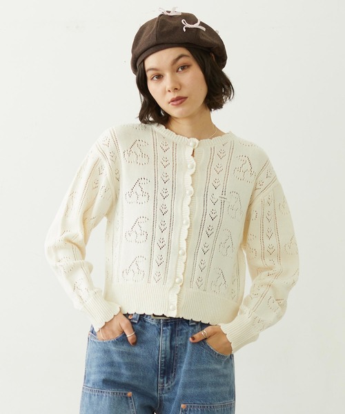 MILKFED.(ミルクフェド)の「CHERRY OPEN KNIT CARDIGAN(カーディガン/ボレロ・レディース・ホワイト/ブラック/ライトピンク・ONE SIZE)」の1枚目の写真