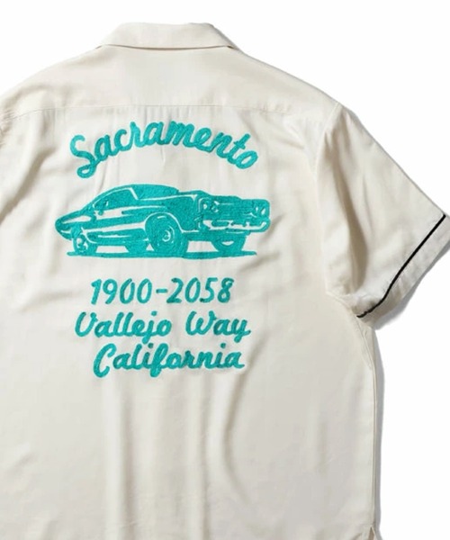 HOUSTON(ヒューストン)の「HOUSTON ヒューストン SACRAMENTO EMB RAYON BOWLING S/S SHIRT サクラメント ロゴ チェーン刺繍 ボウリングシャツ 半袖 / オープンカラーシャツ / 開襟シャツ(シャツ/ブラウス・メンズ・ライム/ブラック/オフホワイト・XL/L/M)」の2枚目の写真