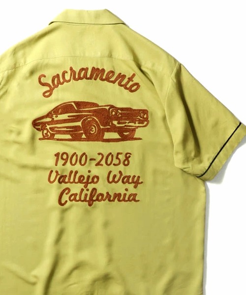 HOUSTON(ヒューストン)の「HOUSTON ヒューストン SACRAMENTO EMB RAYON BOWLING S/S SHIRT サクラメント ロゴ チェーン刺繍 ボウリングシャツ 半袖 / オープンカラーシャツ / 開襟シャツ(シャツ/ブラウス・メンズ・ライム/ブラック/オフホワイト・XL/L/M)」の3枚目の写真