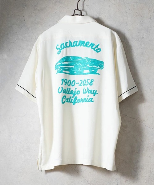 HOUSTON(ヒューストン)の「HOUSTON ヒューストン SACRAMENTO EMB RAYON BOWLING S/S SHIRT サクラメント ロゴ チェーン刺繍 ボウリングシャツ 半袖 / オープンカラーシャツ / 開襟シャツ(シャツ/ブラウス・メンズ・ライム/ブラック/オフホワイト・XL/L/M)」の4枚目の写真
