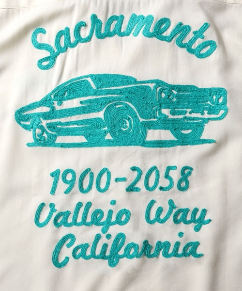 HOUSTON(ヒューストン)の「HOUSTON ヒューストン SACRAMENTO EMB RAYON BOWLING S/S SHIRT サクラメント ロゴ チェーン刺繍 ボウリングシャツ 半袖 / オープンカラーシャツ / 開襟シャツ(シャツ/ブラウス・メンズ・ライム/ブラック/オフホワイト・XL/L/M)」の5枚目の写真