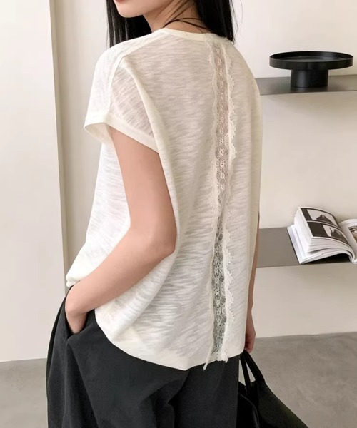 バックレース切り替えレーストップス（Tシャツ/カットソー）｜Aelina