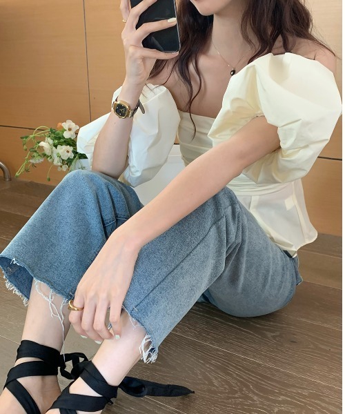 semuse(セミューズ)の「シャーリングオフショル半袖パフスリーブブラウス(シャツ/ブラウス・レディース・ピンク/ホワイト/ブラック・FREE)」の5枚目の写真