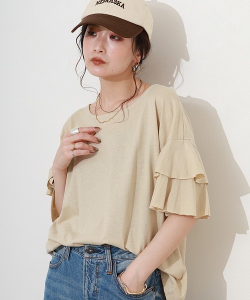 FUNALIVE(ファンアライブ)の「ダブルフリルスリーブプルオーバー 半端袖(Tシャツ/カットソー・レディース・ベージュ/ブラック/カーキ/ライトブラウン/コーラルピンク・LL~3L/M~L)」の18枚目の写真