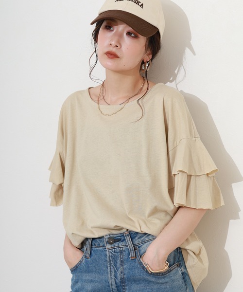 FUNALIVE(ファンアライブ)の「ダブルフリルスリーブプルオーバー 半端袖(Tシャツ/カットソー・レディース・ベージュ/ブラック/カーキ/ライトブラウン/コーラルピンク・LL~3L/M~L)」の19枚目の写真