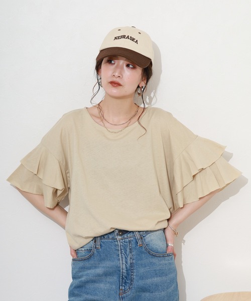 FUNALIVE(ファンアライブ)の「ダブルフリルスリーブプルオーバー 半端袖(Tシャツ/カットソー・レディース・ベージュ/ブラック/カーキ/ライトブラウン/コーラルピンク・LL~3L/M~L)」の8枚目の写真
