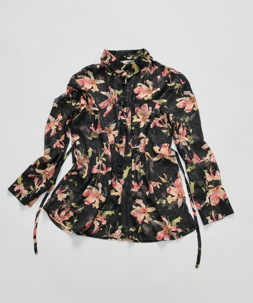 Ezick(エジック)の「Flower waist mark sheer shirt / ウエストコードフラワーシアーシャツ(シャツ/ブラウス・レディース・アイボリー/ブラック・FREE)」の1枚目の写真