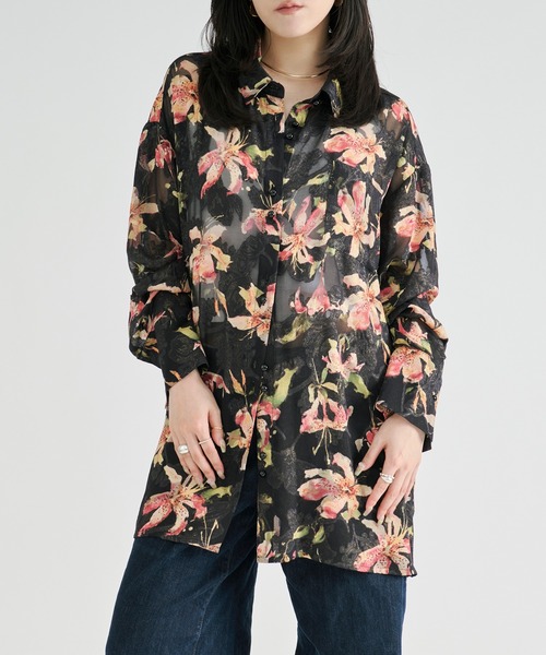 Ezick(エジック)の「Flower waist mark sheer shirt / ウエストコードフラワーシアーシャツ(シャツ/ブラウス・レディース・アイボリー/ブラック・FREE)」の10枚目の写真