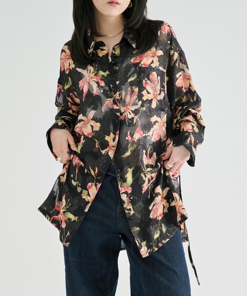 Ezick(エジック)の「Flower waist mark sheer shirt / ウエストコードフラワーシアーシャツ(シャツ/ブラウス・レディース・アイボリー/ブラック・FREE)」の11枚目の写真