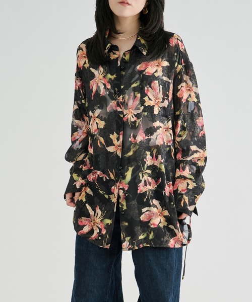 Ezick(エジック)の「Flower waist mark sheer shirt / ウエストコードフラワーシアーシャツ(シャツ/ブラウス・レディース・アイボリー/ブラック・FREE)」の12枚目の写真
