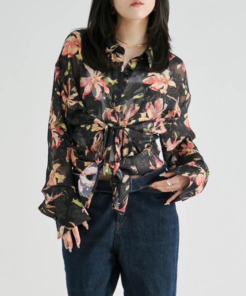 Ezick(エジック)の「Flower waist mark sheer shirt / ウエストコードフラワーシアーシャツ(シャツ/ブラウス・レディース・アイボリー/ブラック・FREE)」の13枚目の写真