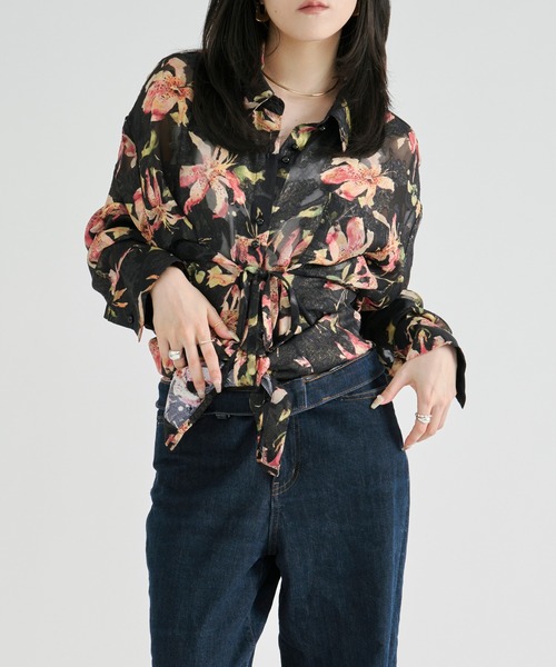 Ezick(エジック)の「Flower waist mark sheer shirt / ウエストコードフラワーシアーシャツ(シャツ/ブラウス・レディース・アイボリー/ブラック・FREE)」の14枚目の写真