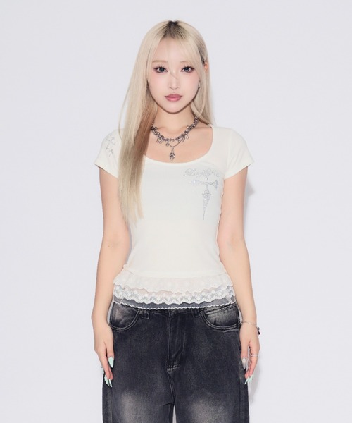 tinkerend(ティンカーエンド)の「Rhinestone Lace Cross T-shirt / ラインストーンレースクロスTシャツ(Tシャツ/カットソー・レディース・ホワイト・FREE)」の8枚目の写真
