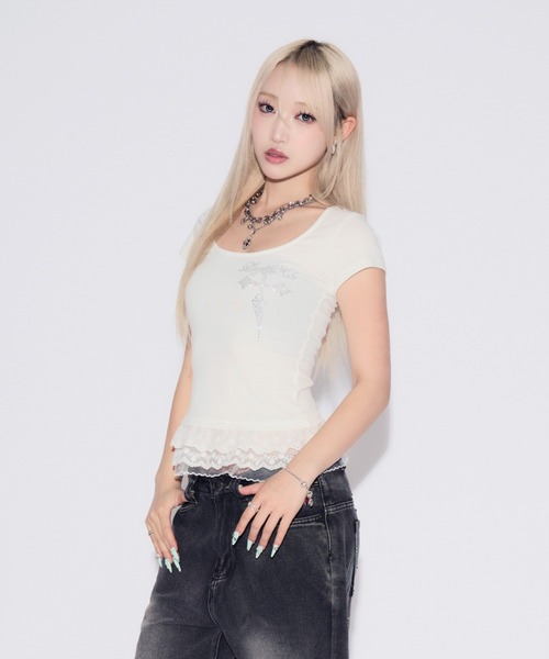 tinkerend(ティンカーエンド)の「Rhinestone Lace Cross T-shirt / ラインストーンレースクロスTシャツ(Tシャツ/カットソー・レディース・ホワイト・FREE)」の10枚目の写真