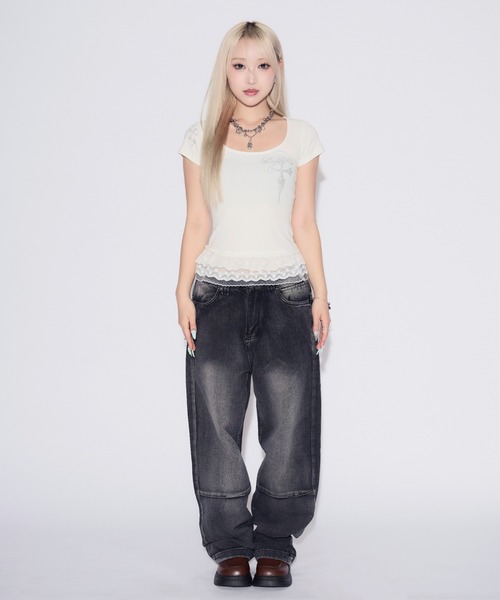 tinkerend(ティンカーエンド)の「Rhinestone Lace Cross T-shirt / ラインストーンレースクロスTシャツ(Tシャツ/カットソー・レディース・ホワイト・FREE)」の3枚目の写真